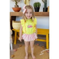 Conjunto camiseta fluor braga falda rayas Mon petit bonbon