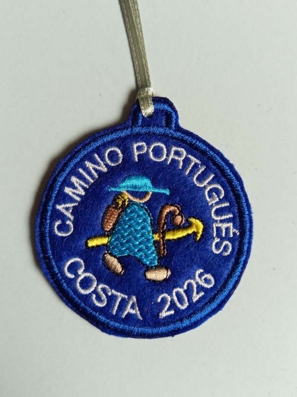 Embroidered patch blue pilgrim Portuguese Way coast with year
