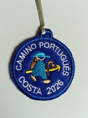 Embroidered patch blue pilgrim Portuguese Way coast with year