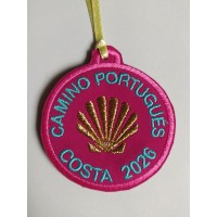 Pink embroidered patch shell Santiago with personalized year Portuguese Way coast