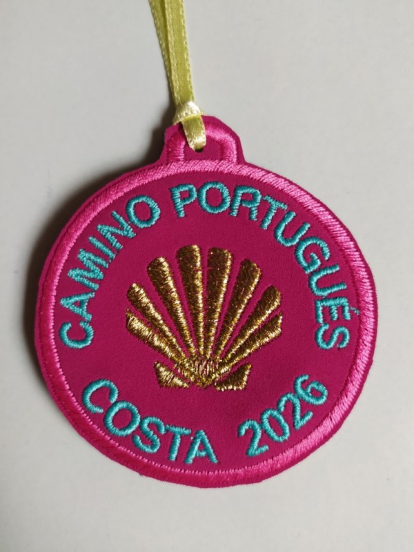 Pink embroidered patch shell Santiago with personalized year Portuguese Way coast