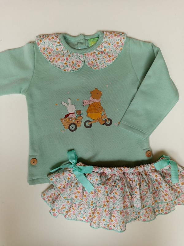 Conjunto sudadera oso verde agua y braga volantes Pio pio