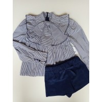 Conjunto blusa rayas lazo y short azul pana Mon petit bonbon