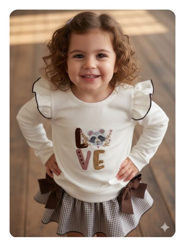 Conjunto sudadera braga falda love mapache marfil