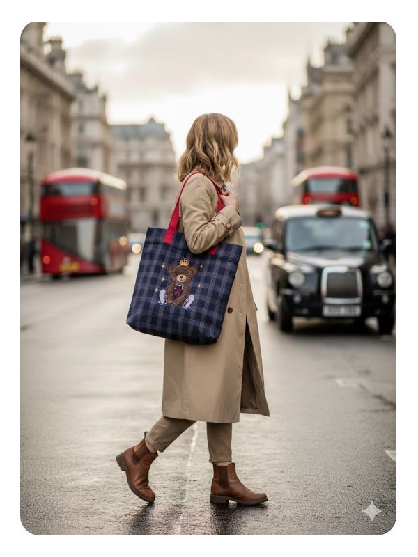 Bolsa tela cuadros azul osito basket
