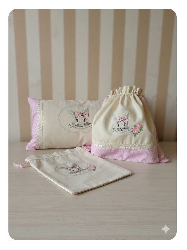 Conjunto cojin +2 bolsas conejita bordada personalizable