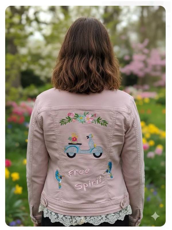 Chaqueta bordada moto vespa sarga rosa