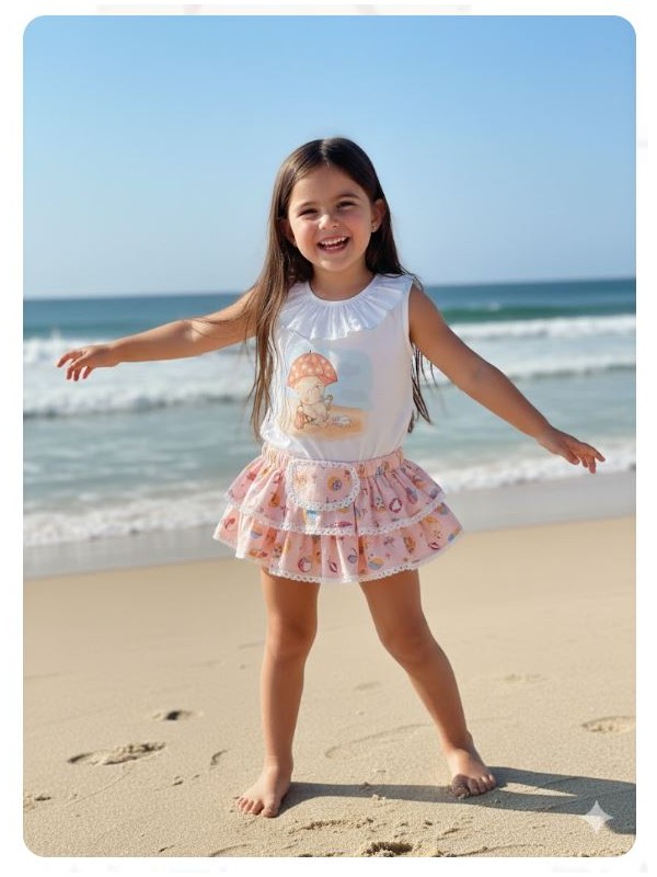 Conjunto camiseta braga falda oso en la playa de Pio pio