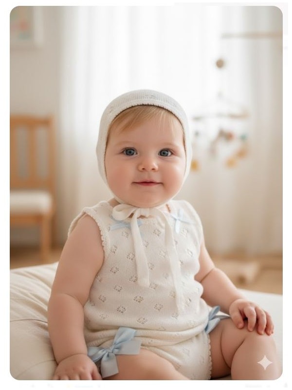 Conjunto bebe marfil lazos azul nini