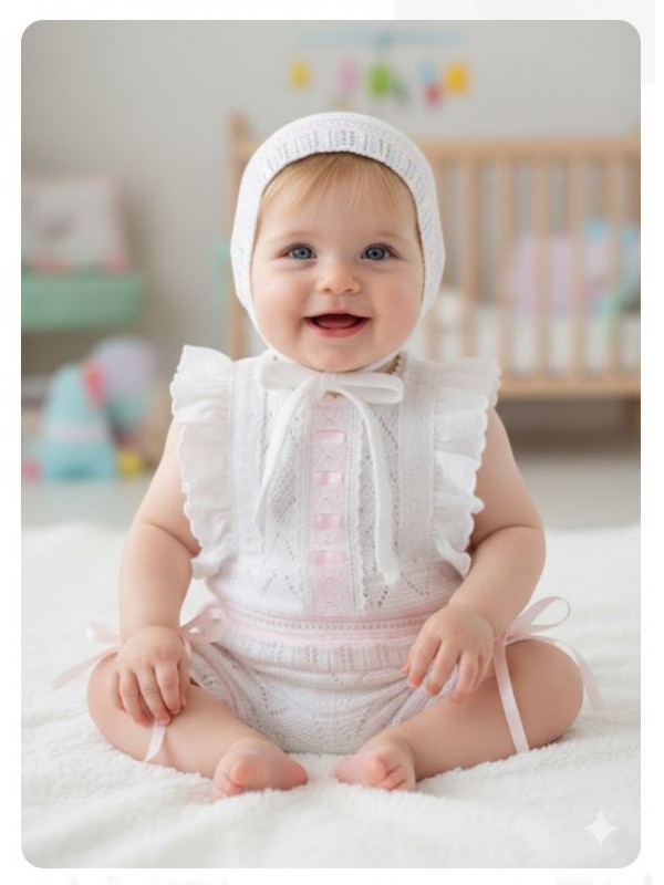 Conjunto bebe calado blanco rosa Nini