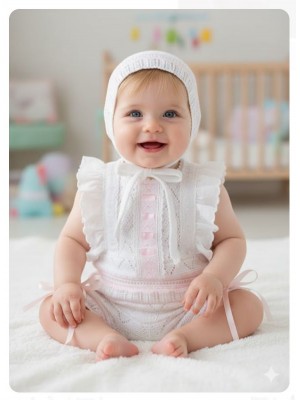 Conjunto bebe calado blanco rosa Nini