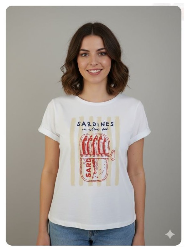 Camiseta lata sardinas blanca algod&oacute;n