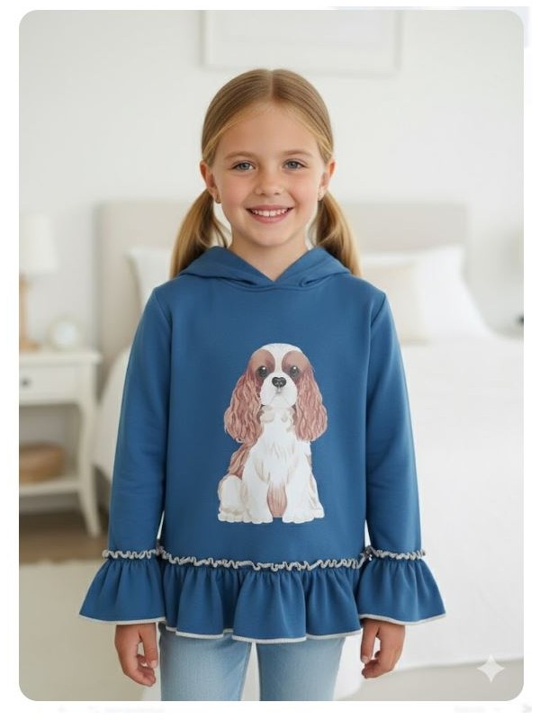 Sudadera ni&ntilde;a capucha perro azul&oacute;n de Mon petit bonbon
