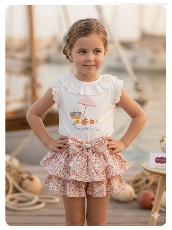 Conjunto camiseta sombrilla playa y braga liberty coral Mon petit bonbon