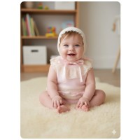 Conjunto bebe punto rosa encaje marfil