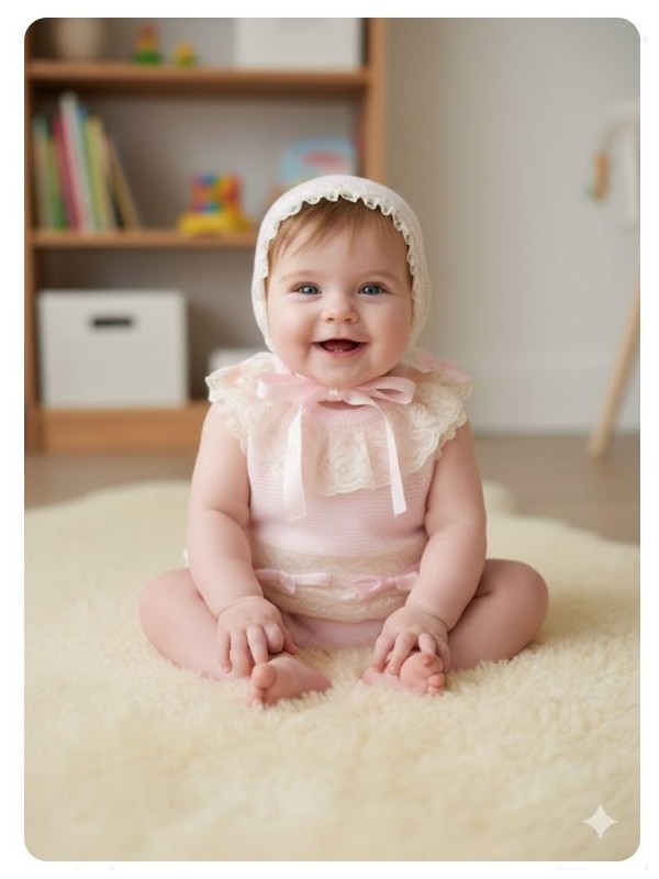 Conjunto bebe punto rosa encaje marfil