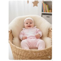 Conjunto bebe jubon capota polaina rosa estrella Lolittos