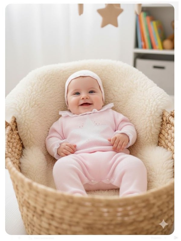 Conjunto bebe jubon capota polaina rosa estrella Lolittos