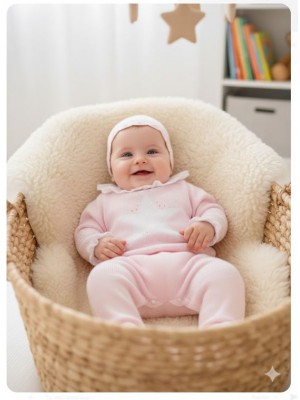 Conjunto bebe jubon capota polaina rosa estrella Lolittos