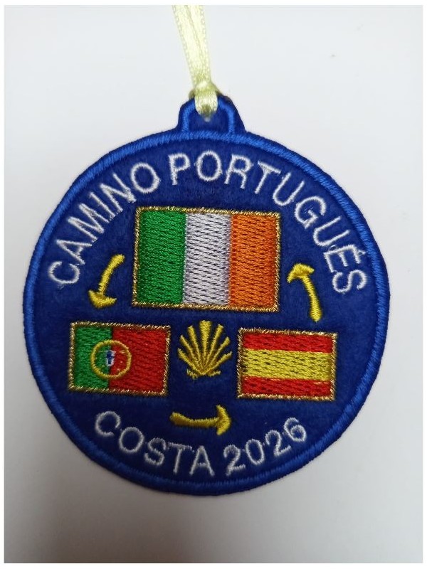 Parche bordado camino de santiago portugues costa 3 banderas Irlanda