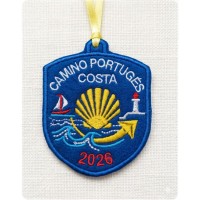 Embroidered patch of the Portuguese Way of St. James, coast, boat and lighthouse